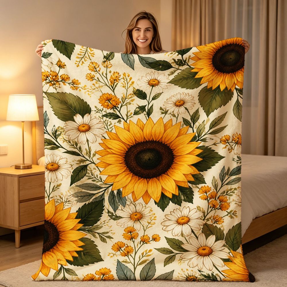 Vintage Botanical Floral Throw Blanket with Vibrant Sunflowers and Daisies Cozy Soft Warm Flannel Blanket for Living Room Sofa Decor Ideal Gift for Holidays
