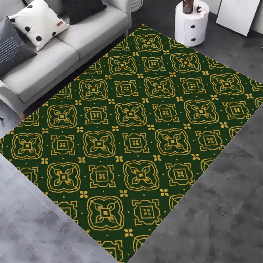 Dark Green Gold Vintage Geometric Area Rug, Crystal Velvet Non Slip Low Pile Moroccan Decor Carpet, Machine Washable Stain Resistant Indoor Rug, 79×55in, 98×71in, 118×79in Floor Mat for Living Room Bedroom Dining Room
