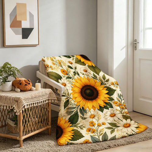 Vintage Botanical Floral Throw Blanket with Vibrant Sunflowers and Daisies Cozy Soft Warm Flannel Blanket for Living Room Sofa Decor Ideal Gift for Holidays