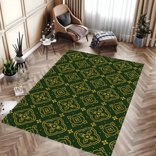 Dark Green Gold Vintage Geometric Area Rug, Crystal Velvet Non Slip Low Pile Moroccan Decor Carpet, Machine Washable Stain Resistant Indoor Rug, 79×55in, 98×71in, 118×79in Floor Mat for Living Room Bedroom Dining Room