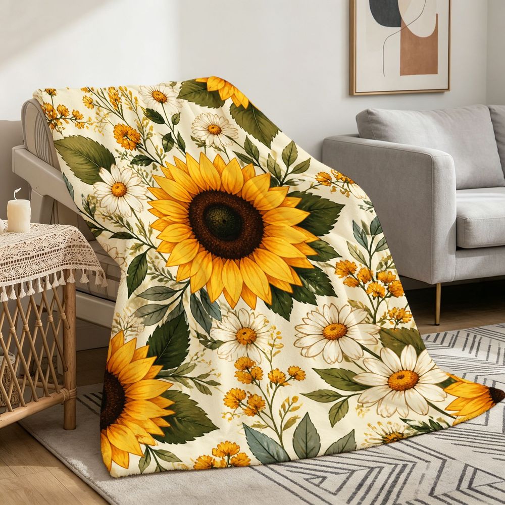 Vintage Botanical Floral Throw Blanket with Vibrant Sunflowers and Daisies Cozy Soft Warm Flannel Blanket for Living Room Sofa Decor Ideal Gift for Holidays