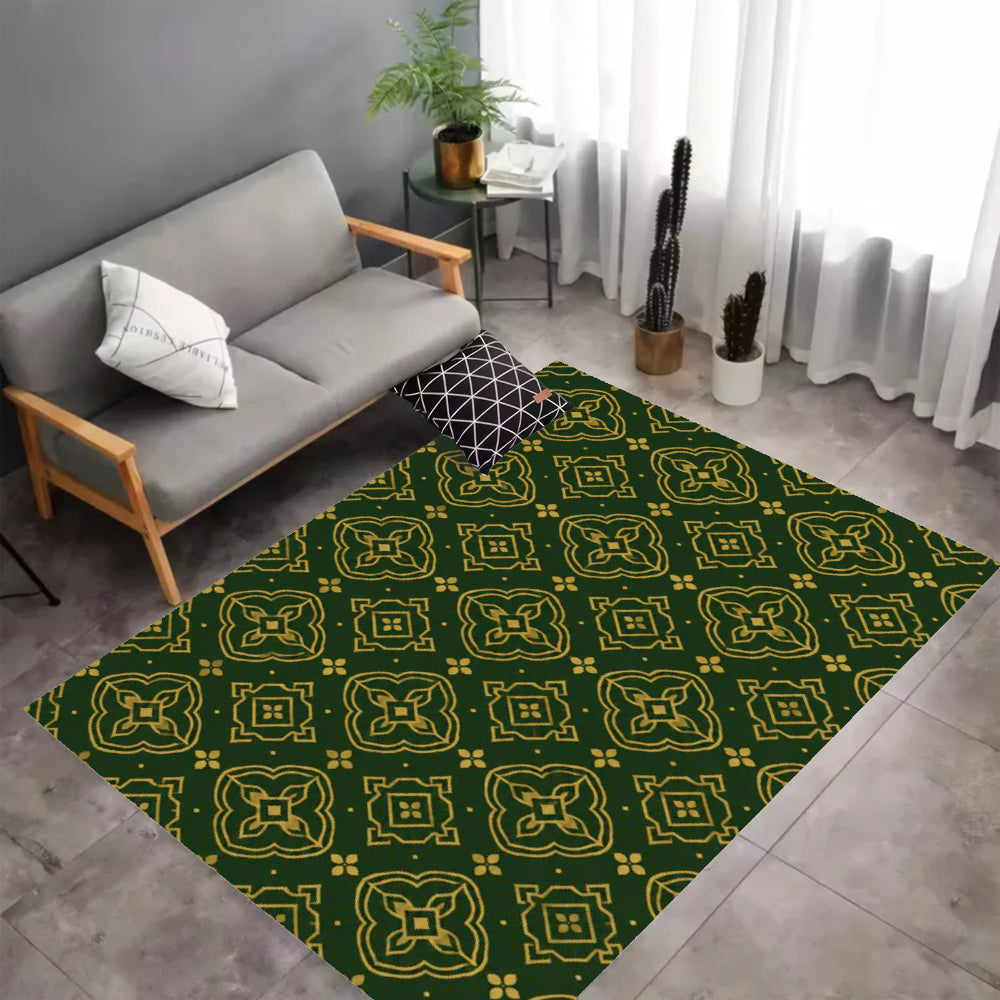 Dark Green Gold Vintage Geometric Area Rug, Crystal Velvet Non Slip Low Pile Moroccan Decor Carpet, Machine Washable Stain Resistant Indoor Rug, 79×55in, 98×71in, 118×79in Floor Mat for Living Room Bedroom Dining Room