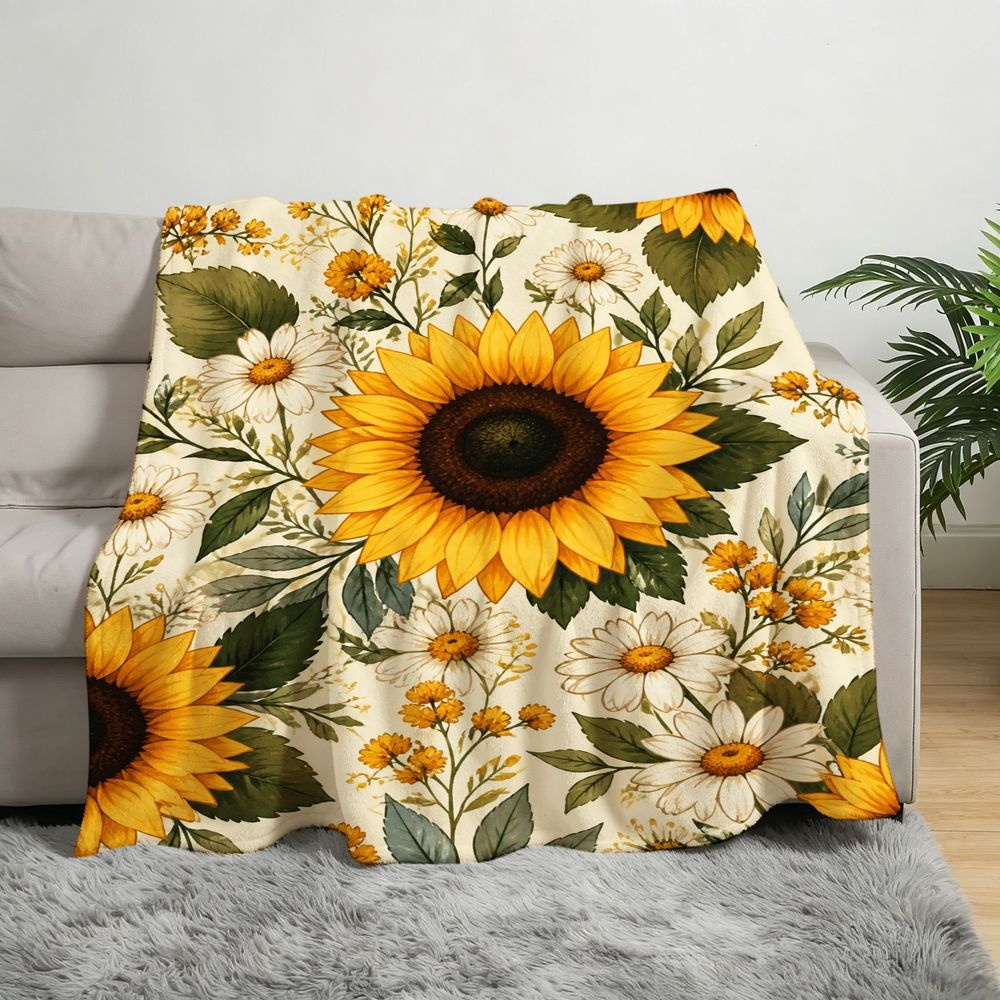 Vintage Botanical Floral Throw Blanket with Vibrant Sunflowers and Daisies Cozy Soft Warm Flannel Blanket for Living Room Sofa Decor Ideal Gift for Holidays