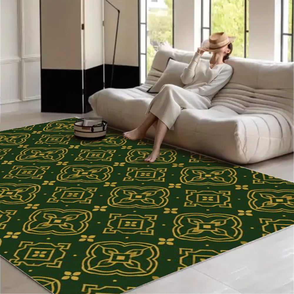 Dark Green Gold Vintage Geometric Area Rug, Crystal Velvet Non Slip Low Pile Moroccan Decor Carpet, Machine Washable Stain Resistant Indoor Rug, 79×55in, 98×71in, 118×79in Floor Mat for Living Room Bedroom Dining Room