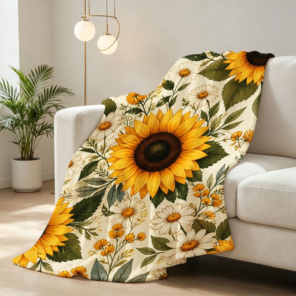 Vintage Botanical Floral Throw Blanket with Vibrant Sunflowers and Daisies Cozy Soft Warm Flannel Blanket for Living Room Sofa Decor Ideal Gift for Holidays