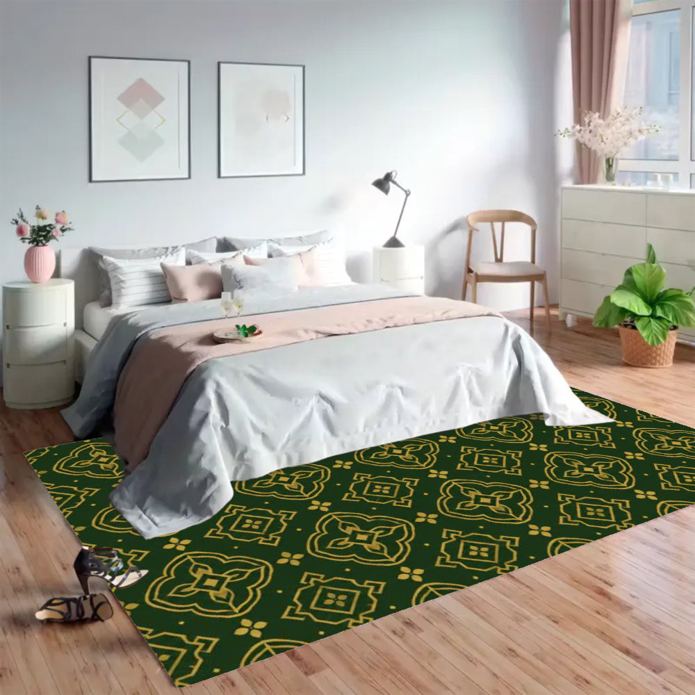 Dark Green Gold Vintage Geometric Area Rug, Crystal Velvet Non Slip Low Pile Moroccan Decor Carpet, Machine Washable Stain Resistant Indoor Rug, 79×55in, 98×71in, 118×79in Floor Mat for Living Room Bedroom Dining Room