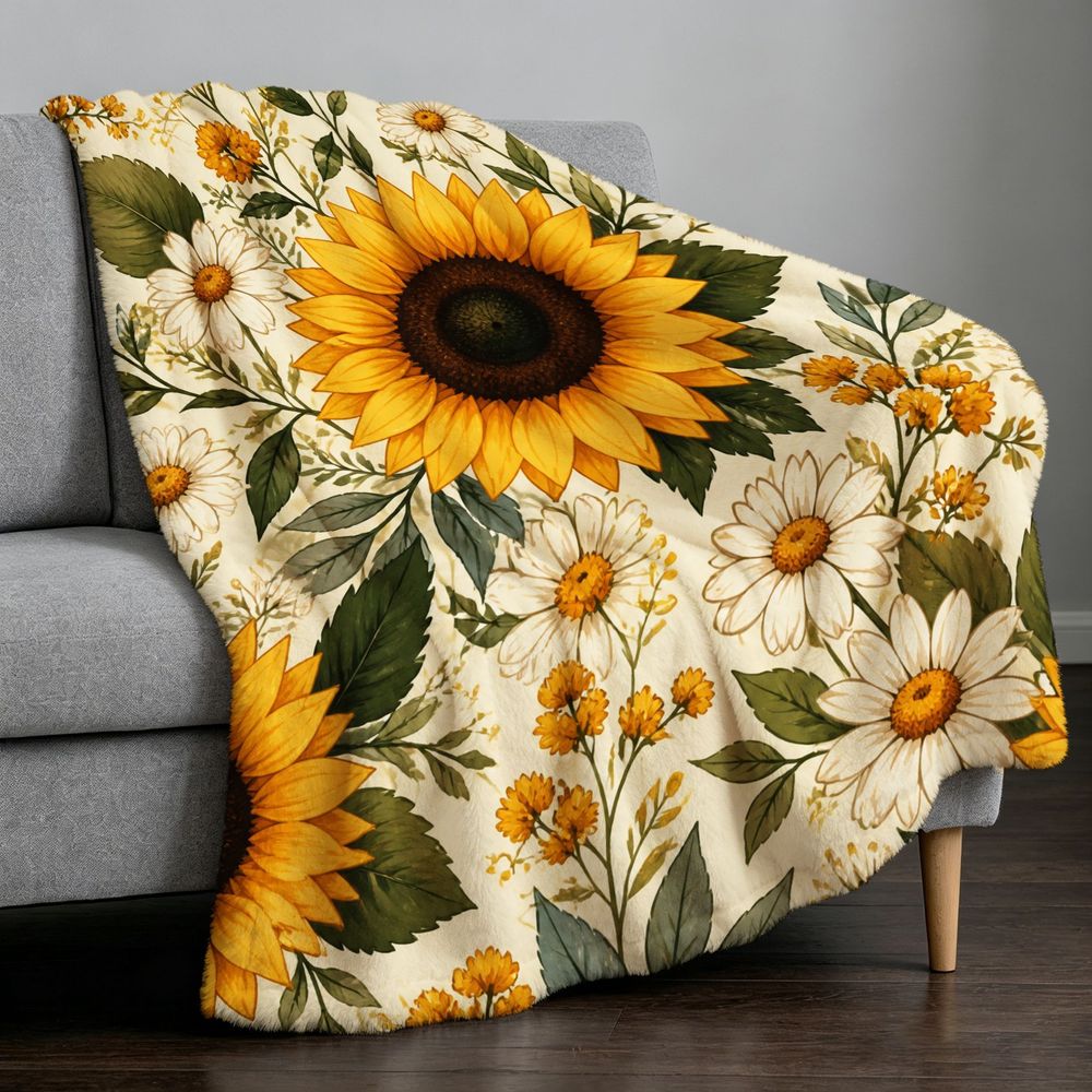 Vintage Botanical Floral Throw Blanket with Vibrant Sunflowers and Daisies Cozy Soft Warm Flannel Blanket for Living Room Sofa Decor Ideal Gift for Holidays