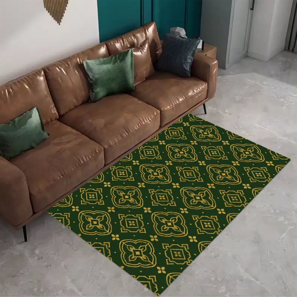 Dark Green Gold Vintage Geometric Area Rug, Crystal Velvet Non Slip Low Pile Moroccan Decor Carpet, Machine Washable Stain Resistant Indoor Rug, 79×55in, 98×71in, 118×79in Floor Mat for Living Room Bedroom Dining Room