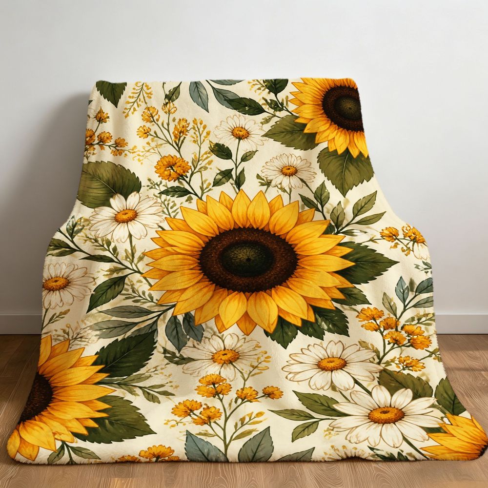 Vintage Botanical Floral Throw Blanket with Vibrant Sunflowers and Daisies Cozy Soft Warm Flannel Blanket for Living Room Sofa Decor Ideal Gift for Holidays